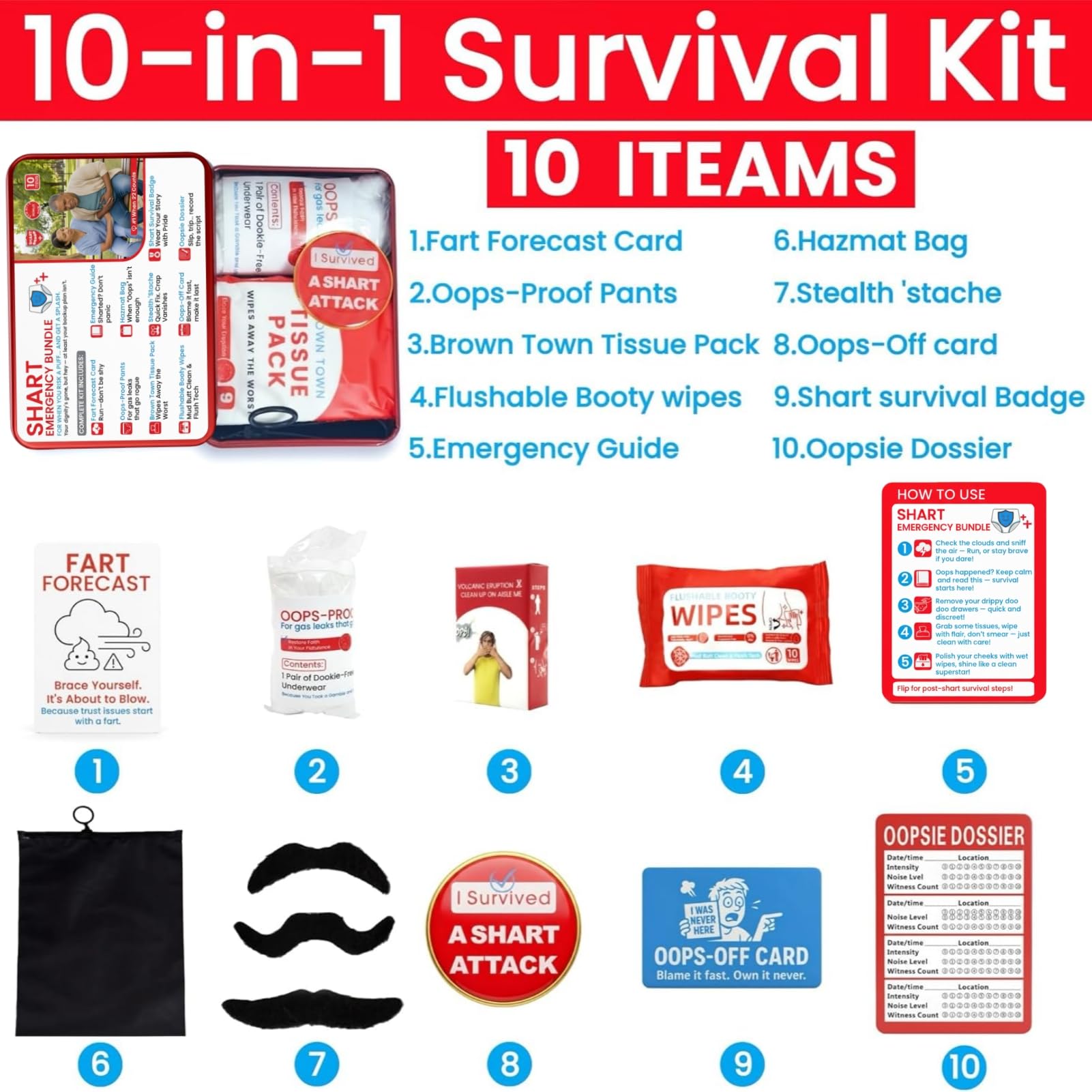 Shart Emergency Bundle fake mustaches for silly disguises and bathroom humor.