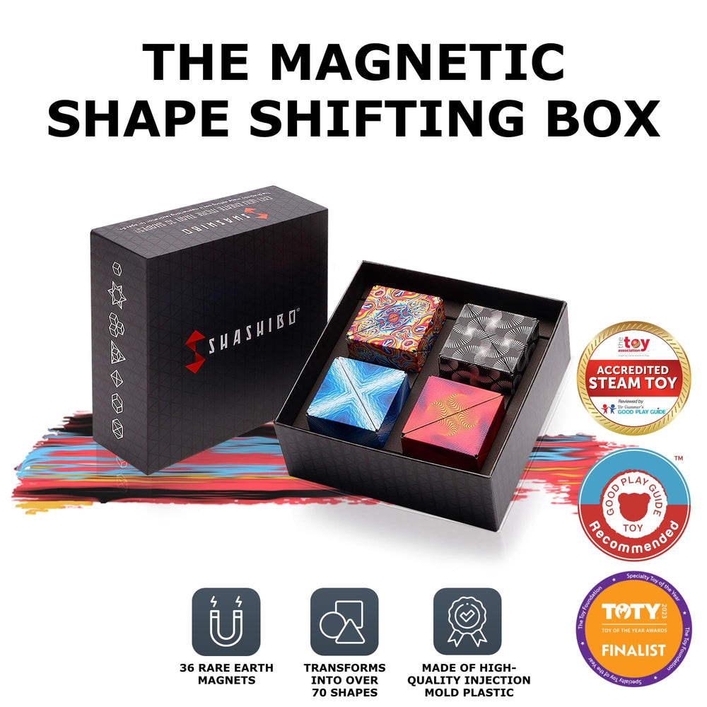 Shashibo cube showing 36 magnets enabling diverse configurations for exploration.