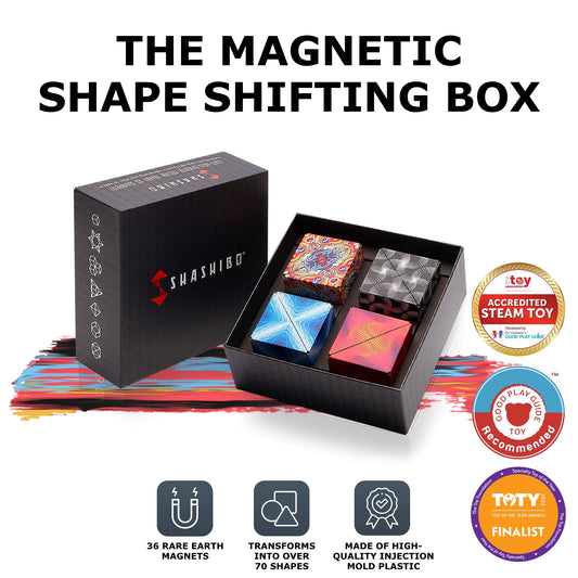 Shashibo cube showing 36 magnets enabling diverse configurations for exploration.