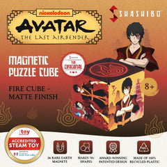 Shashibo Avatar Fire magnets close-up highlights 36 rare earth magnets for versatile shapes.