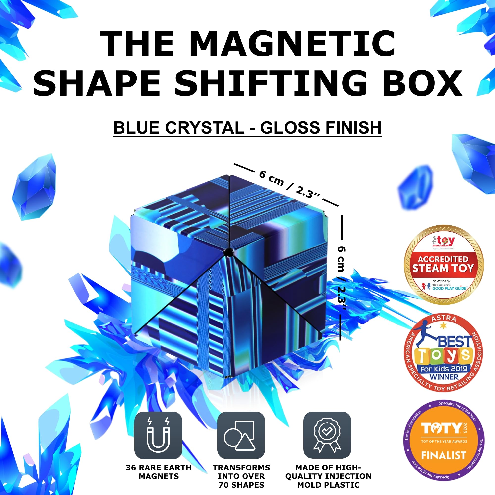 Blue Crystal Shashibo magnets connect to form a larger sculpture