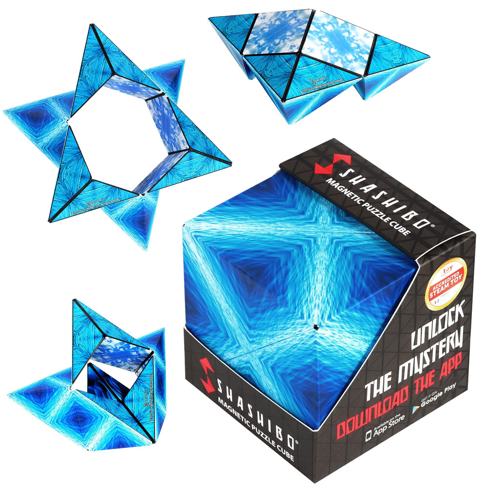 Shashibo Blue Planet box front view, durable fidget toy for portable calm and focus.