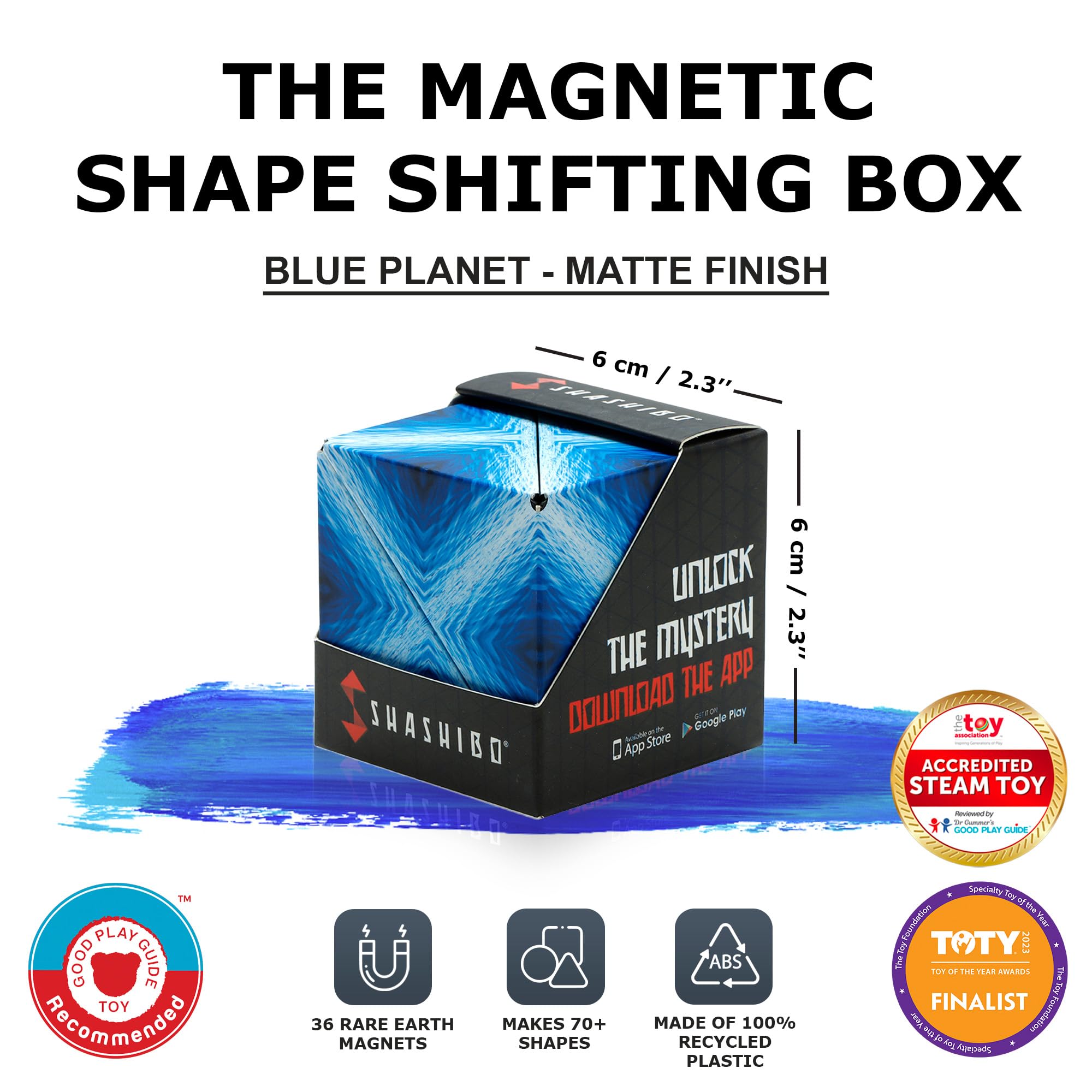 Shashibo Blue Planet transforming cube demonstrates magnetic morphing for creative problem solving.