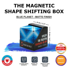 Shashibo Blue Planet transforming cube demonstrates magnetic morphing for creative problem solving.