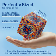 Shashibo compact travel toy fits in bags for on-the-go learning.