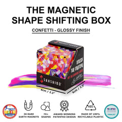 Shashibo Confetti magnetic cubes connect to build larger sensory sculptures.