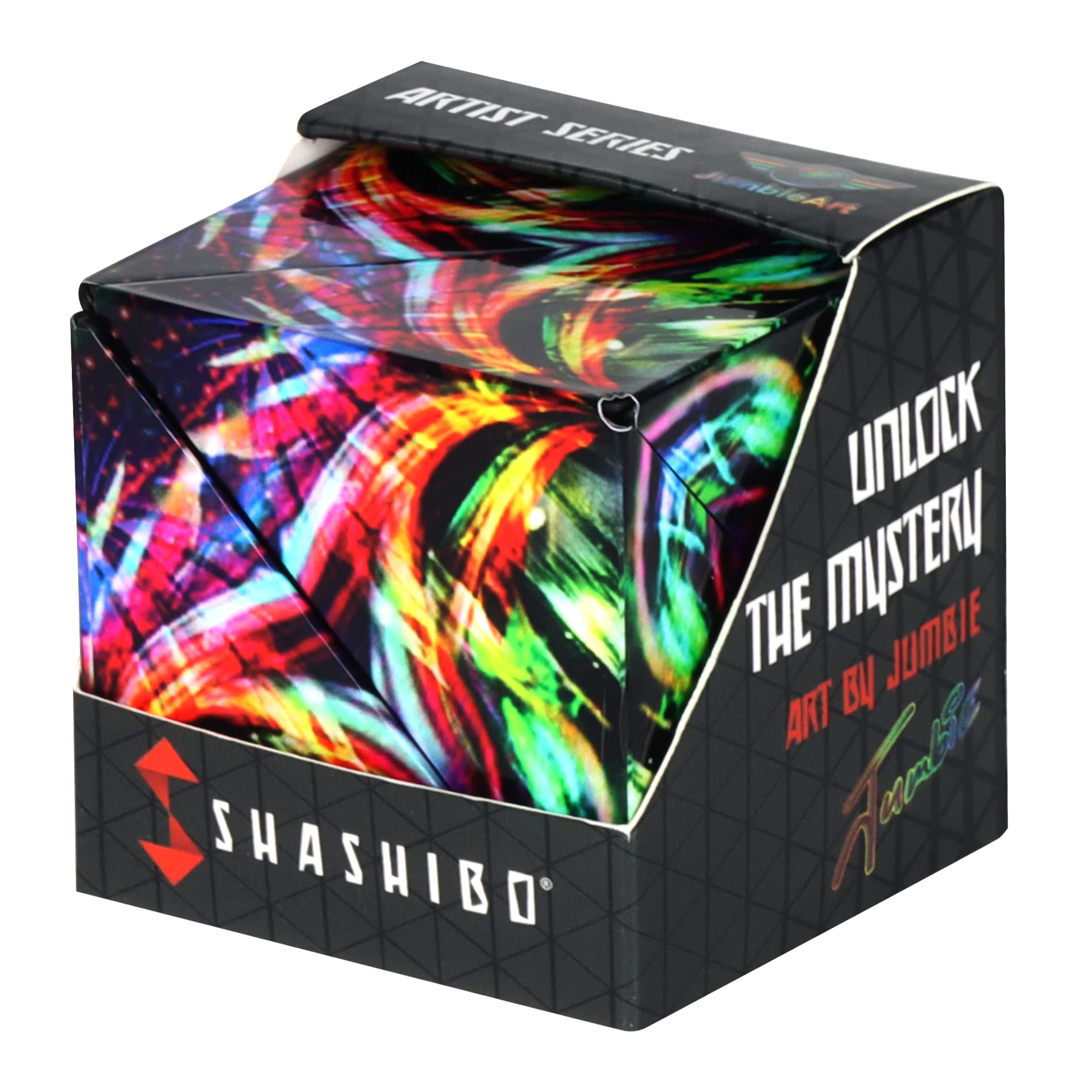 Shashibo Cosmic Surfer shape-shifter box front view highlights magnetic versatility and tactile satisfaction