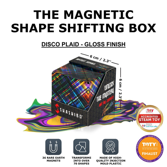 Shashibo Disco Plaid cubes magnetic assembly highlights modular play and creativity.
