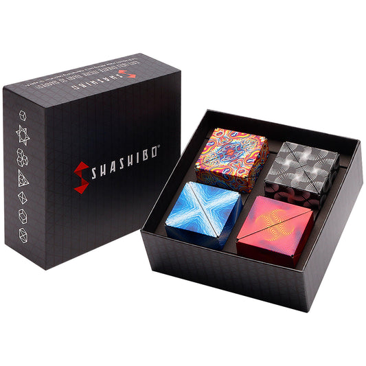 Shashibo gift box of 4 with shape-shifting cubes for engaging sensory play.