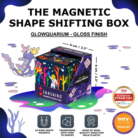 Shashibo Glowquarium magnetic-cubes enable building larger structures through secure interlocks.
