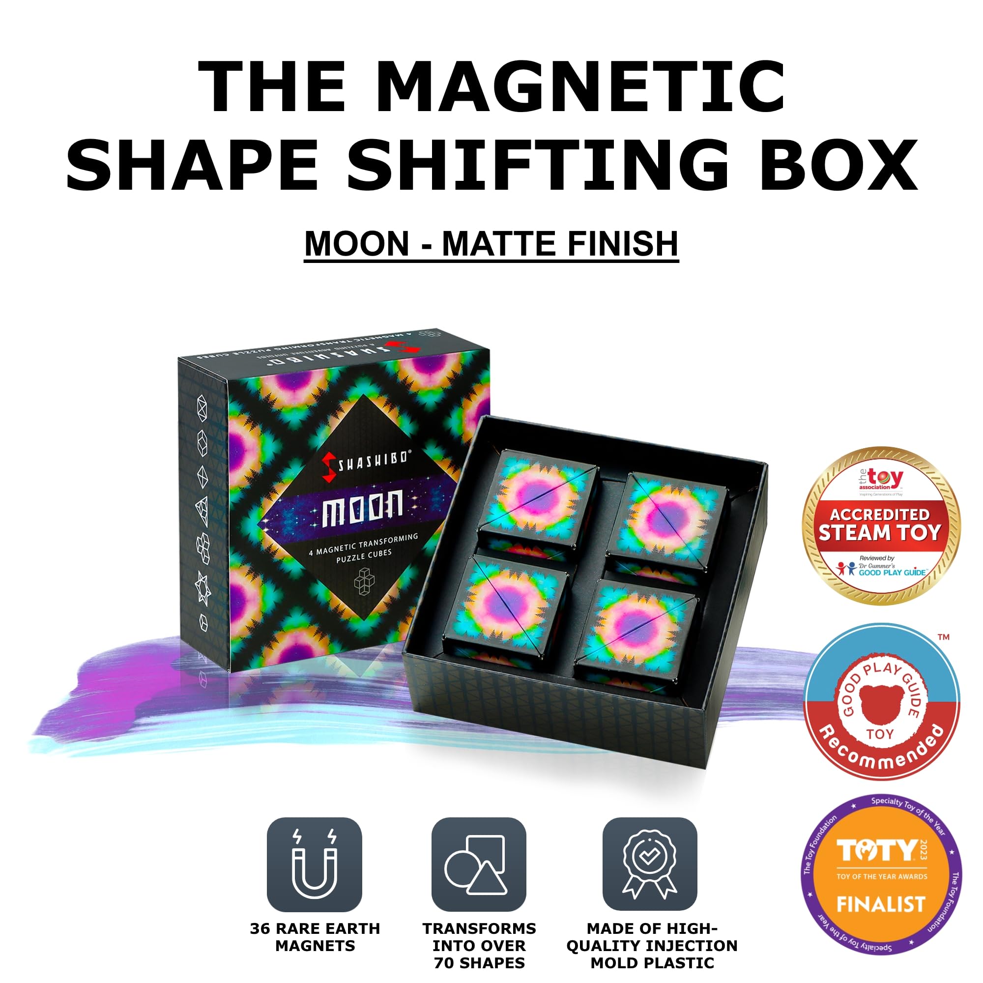 Shashibo magnetic cubes connected to reveal evolving designs and larger sculptures.
