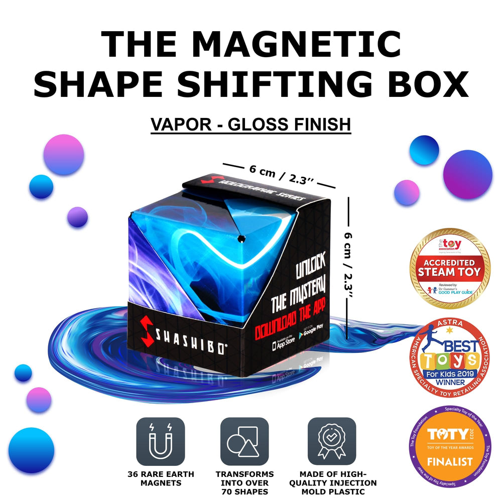 Shashibo magnetic cubes connected to form a larger magnetic structure.