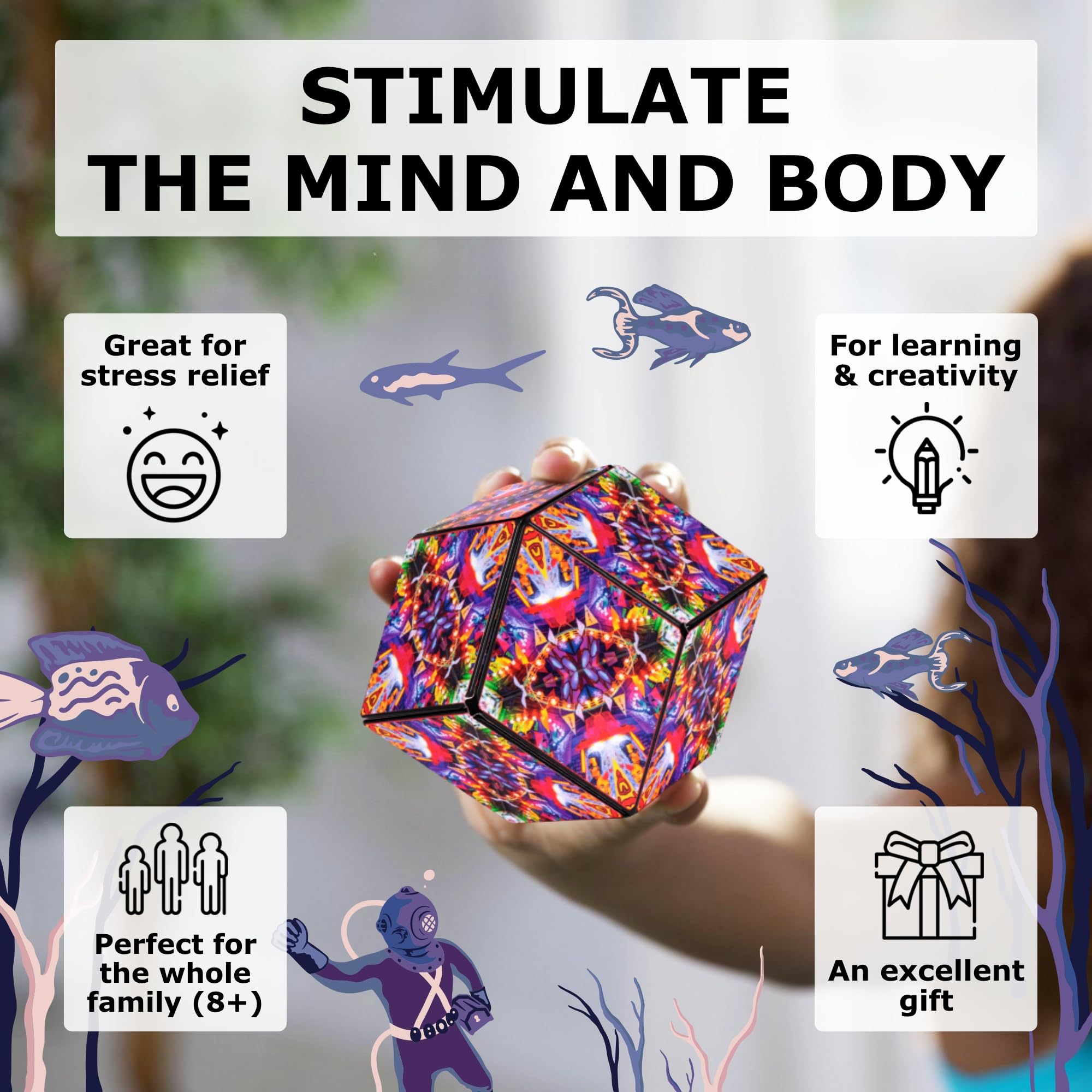 Shashibo magnetic cubes connected to build larger sculptures and patterns.