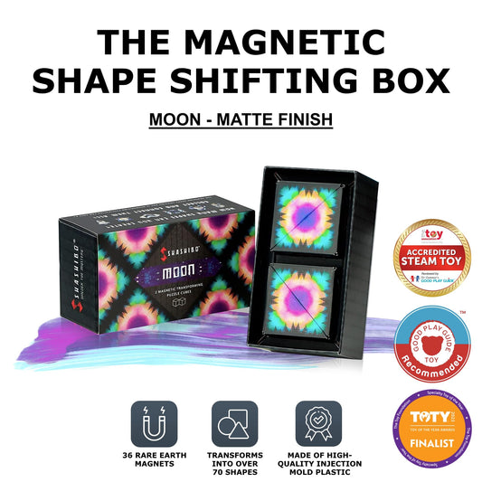 Shashibo Moon 2-Pack demonstrates transformable shapes from cube to beyond for tactile play.