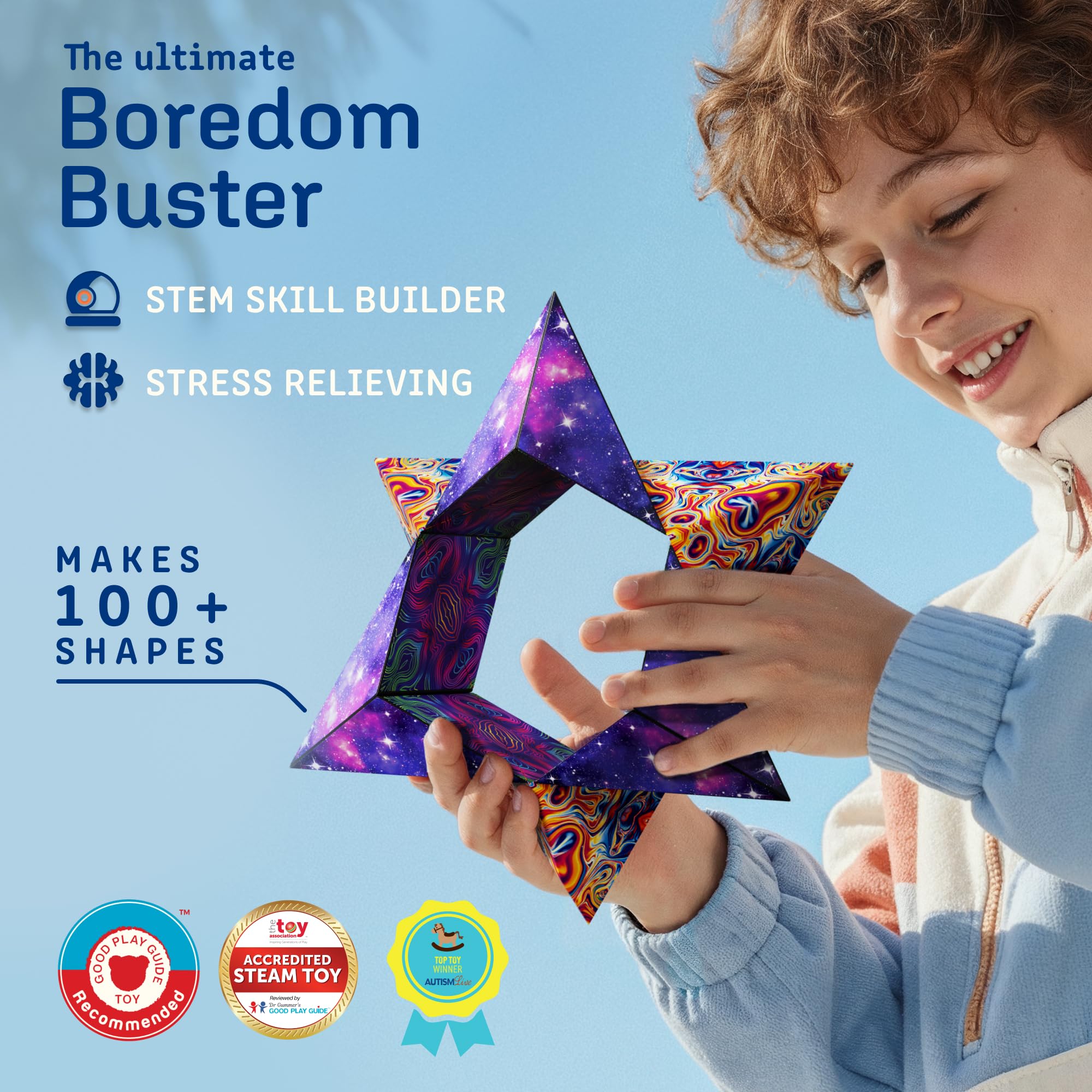 Shashibo in transformation mode revealing 70+ shapes for creative problem solving.