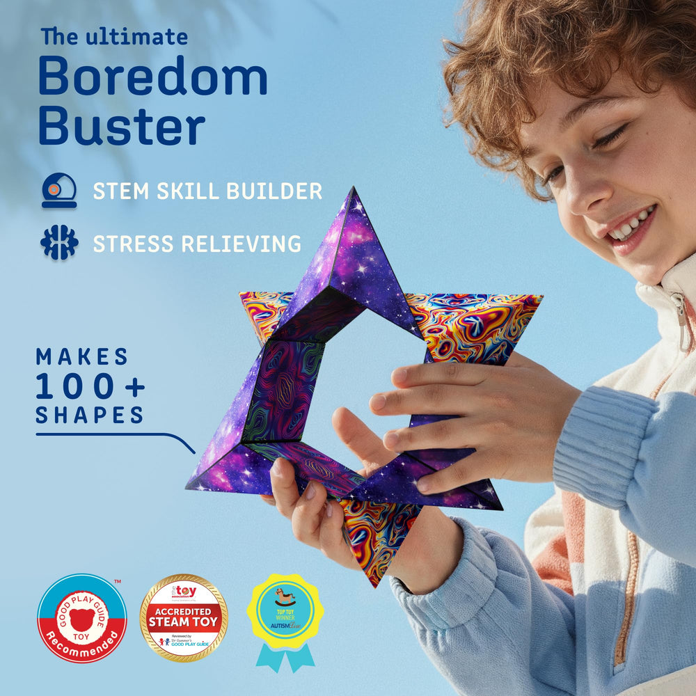 Shashibo in transformation mode revealing 70+ shapes for creative problem solving.
