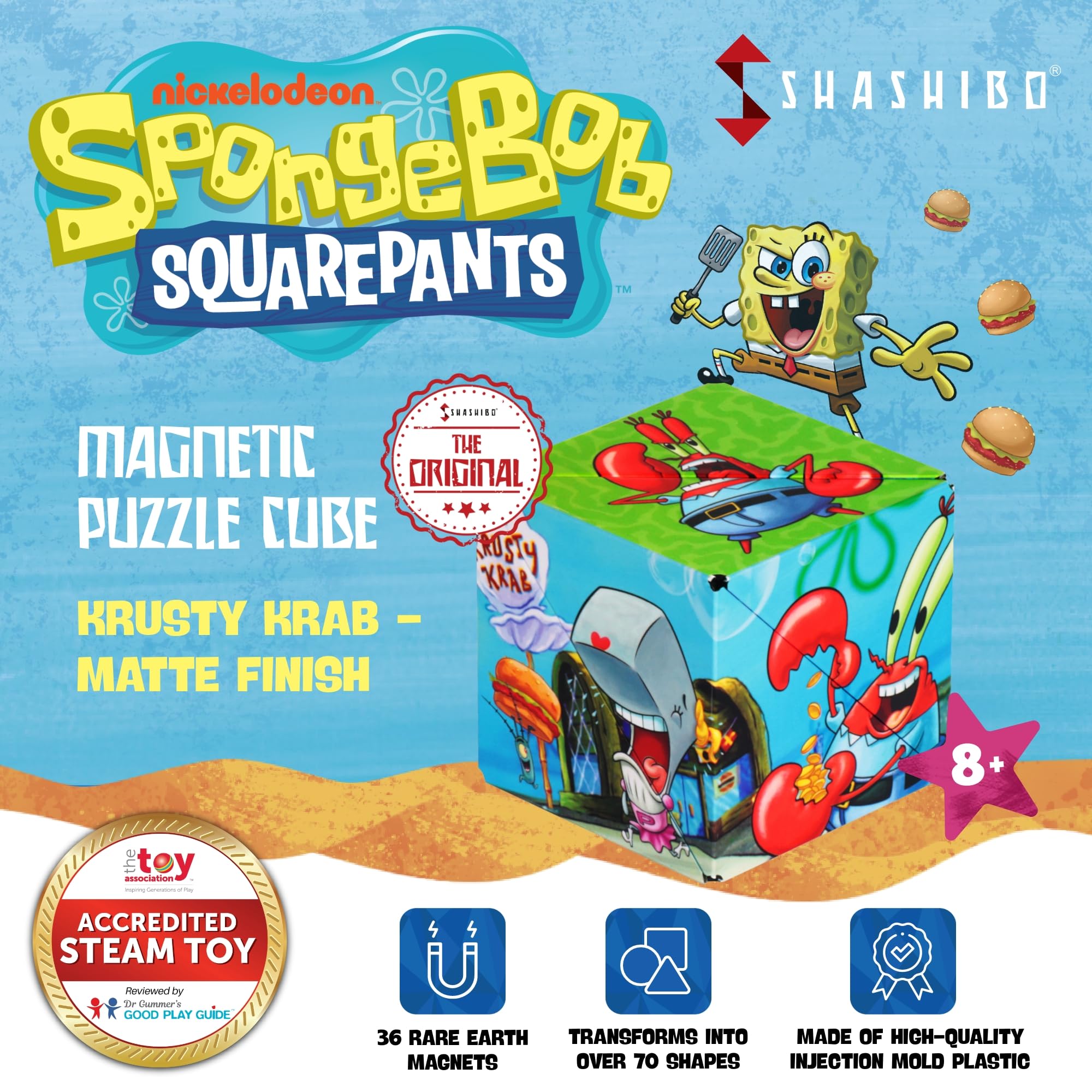 Shashibo SpongeBob edition magnets inside enable endless shape connections and creativity.