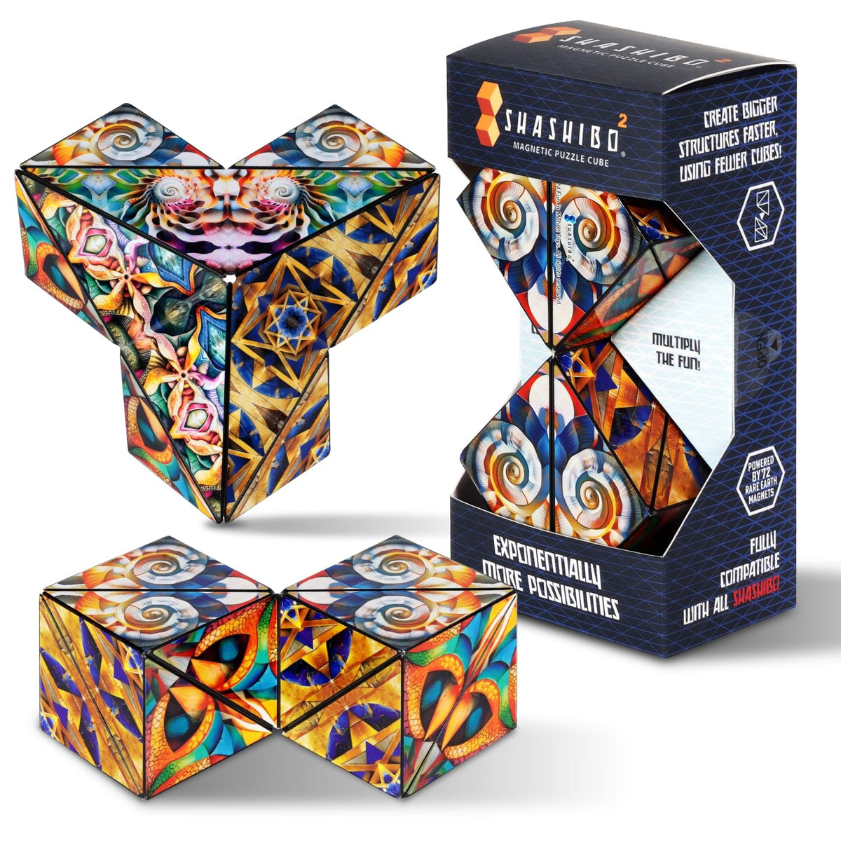 Shashibo Squared assembled cube showing versatile magnetic shapes for problem solving.
