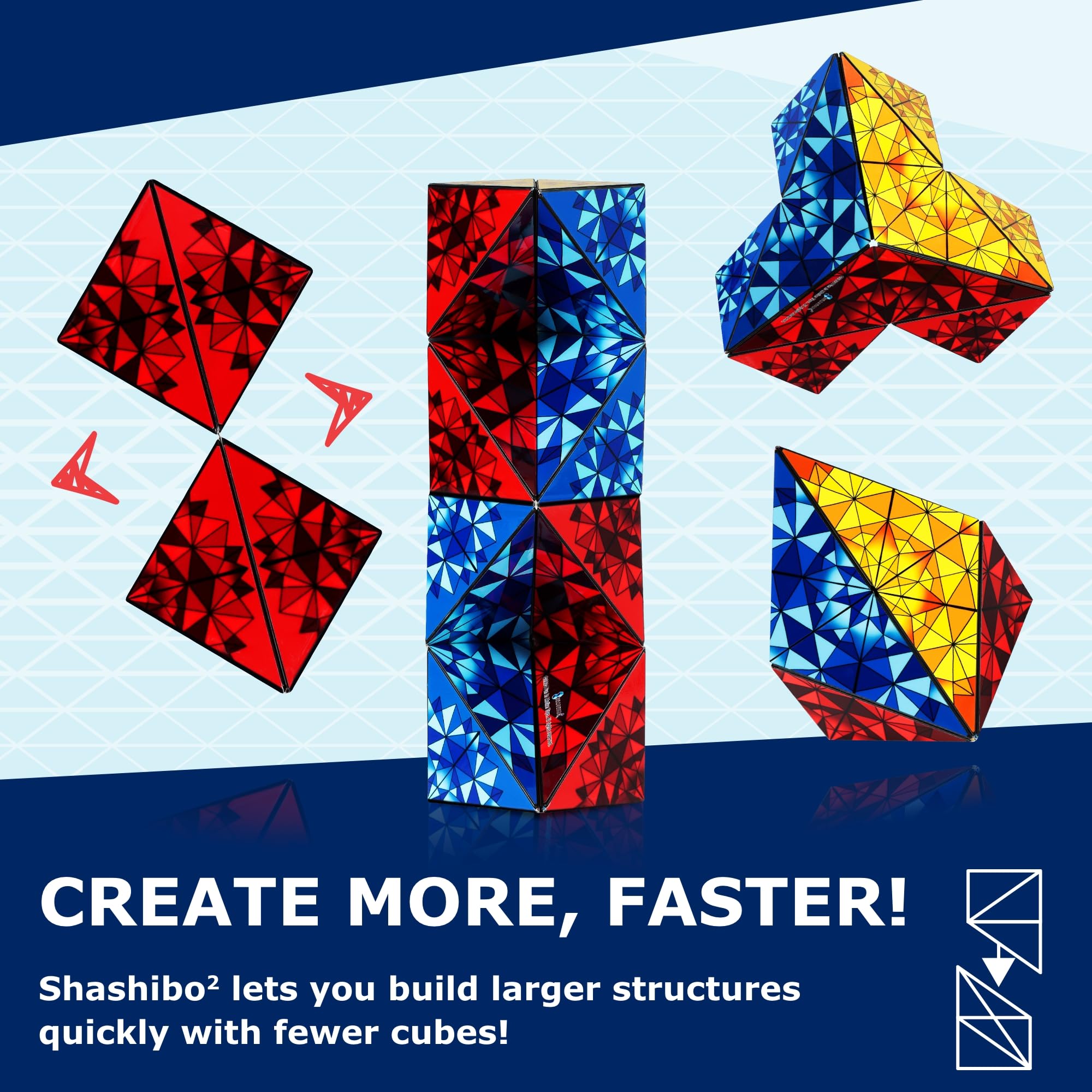 Shashibo Squared Box quick-connect system enables rapid multi-cube builds.