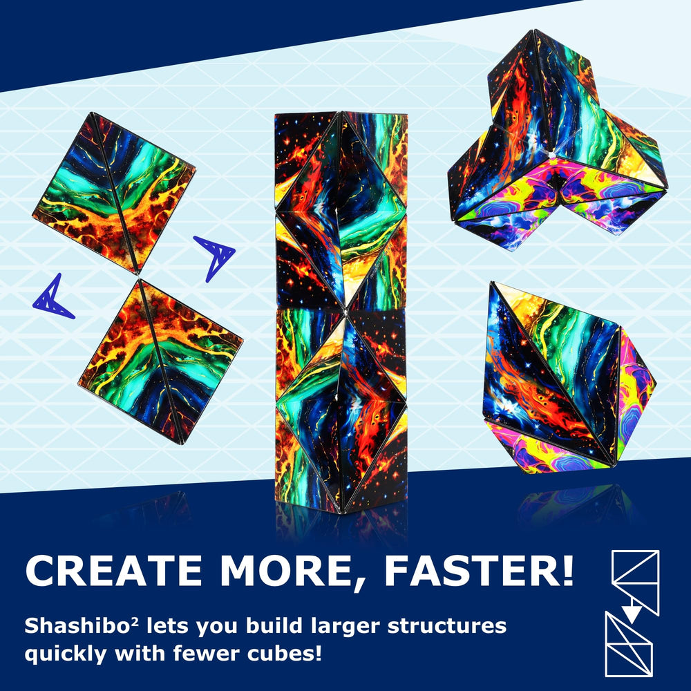 Shashibo Squared on a table with guidance for table-top setup and use.