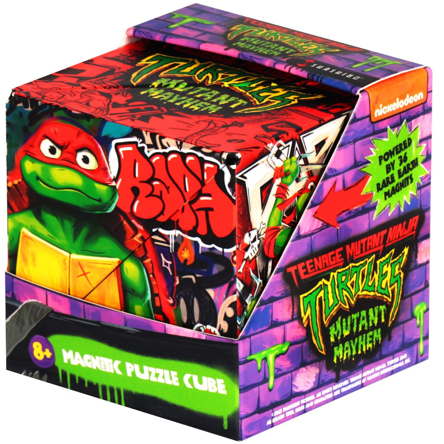 Shashibo TMNT Mutant Mayhem cube with vivid artwork for tactile play.
