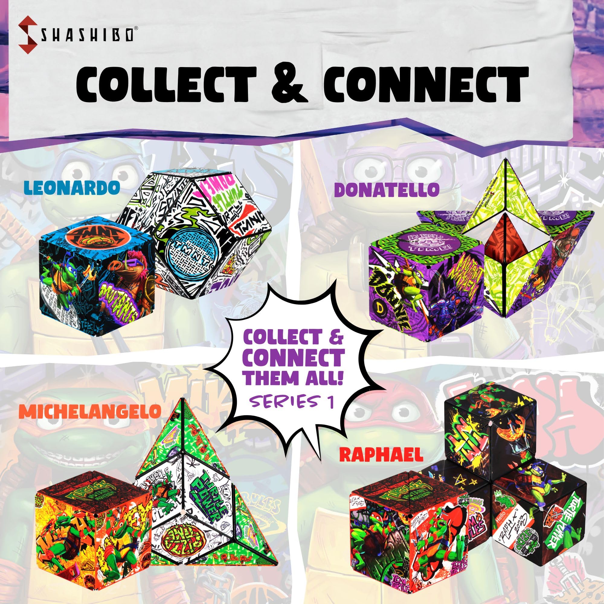 Shashibo TMNT artwork adds vibrant turtle-themed patterns to the cube.