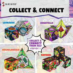 Shashibo TMNT artwork adds vibrant turtle-themed patterns to the cube.
