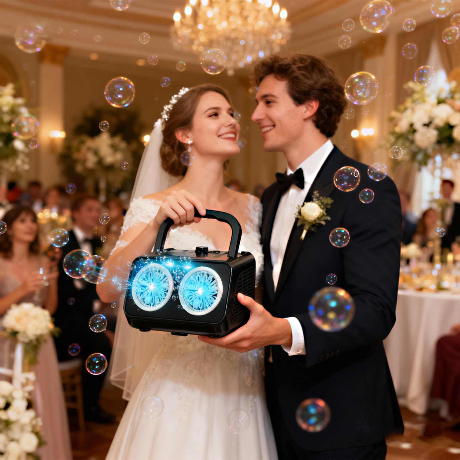 SHCKE bubble machine powered by plug-in or batteries for versatile use.