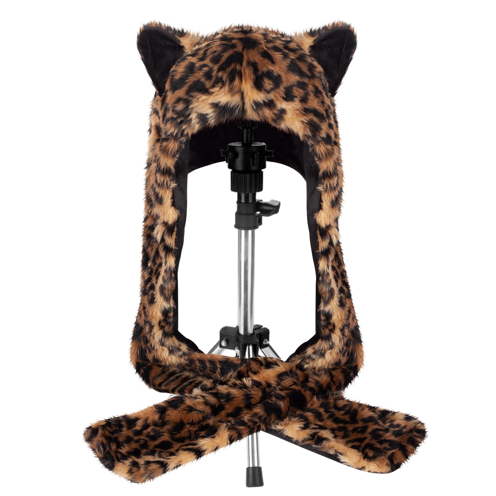 ShellKingdom leopard plush hood hat in faux fur for cozy winter warmth.