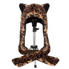ShellKingdom leopard plush hood hat in faux fur for cozy winter warmth.