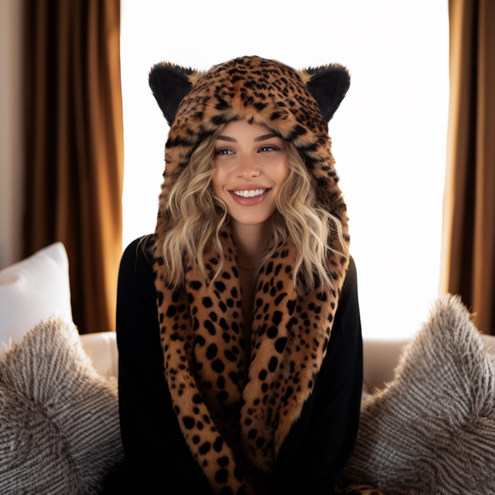 ShellKingdom snow leopard plush hood provides extra warmth on cold days.