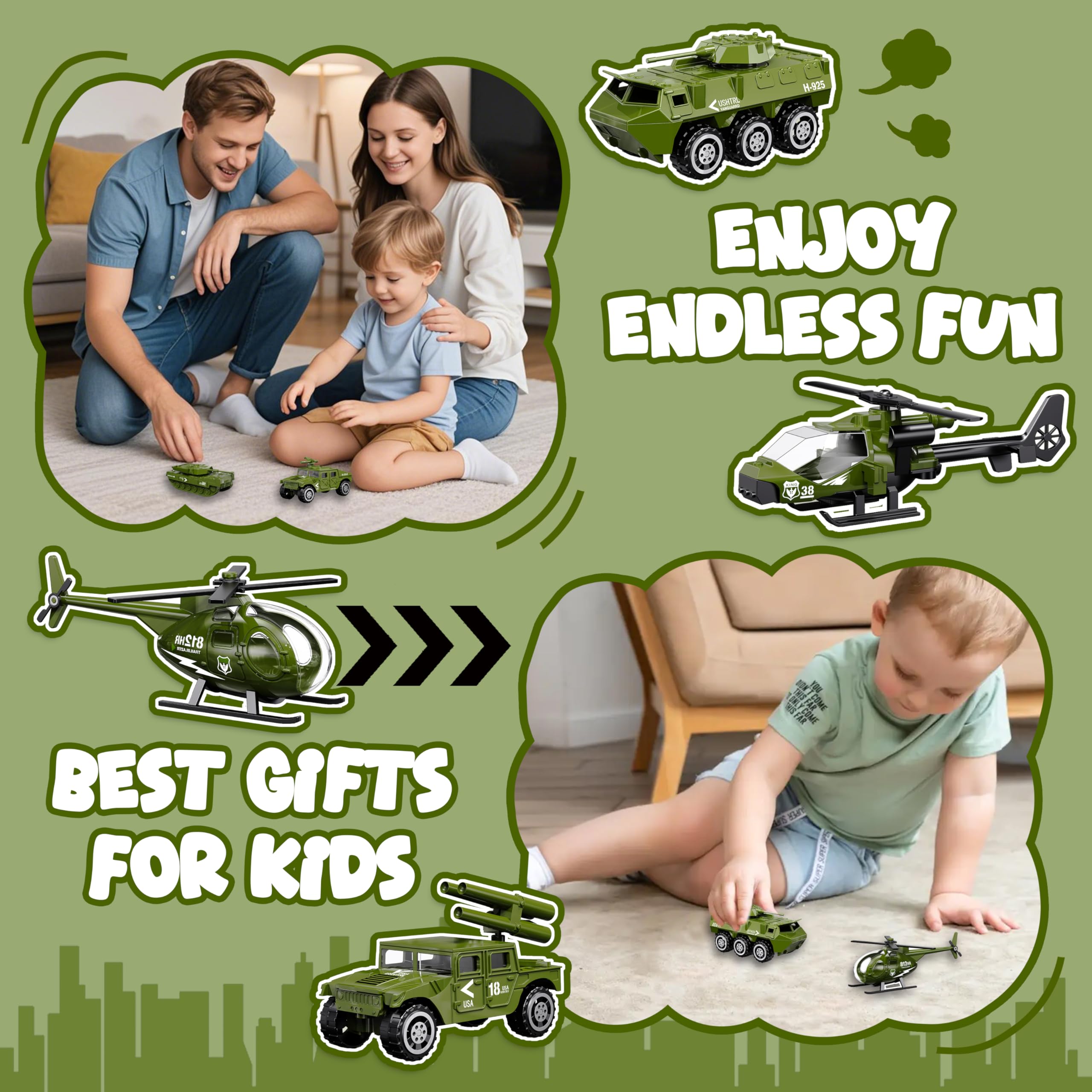 Shellvcase diecast army scout helicopter top view for versatile play