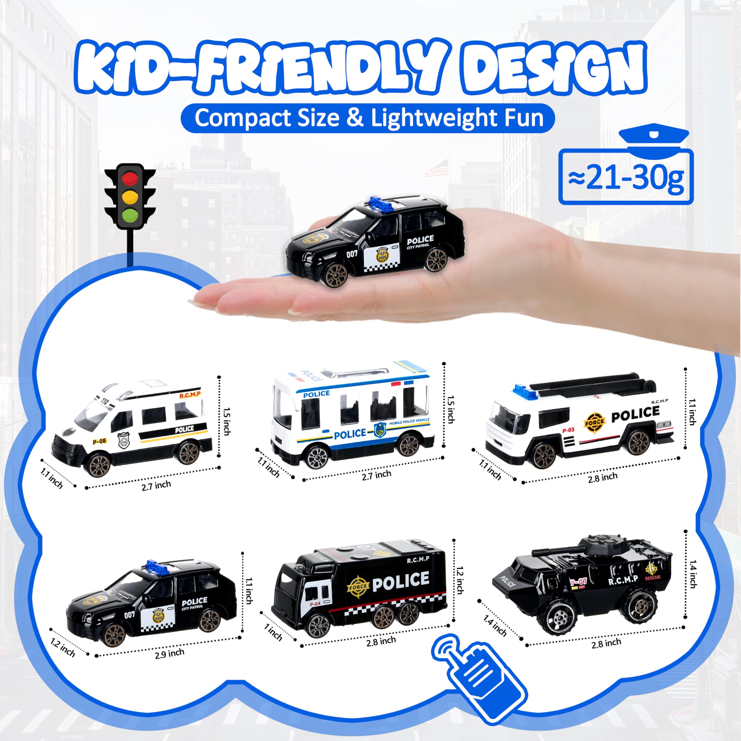 Shellvcase six pack of police trucks suits parties and classroom activities.