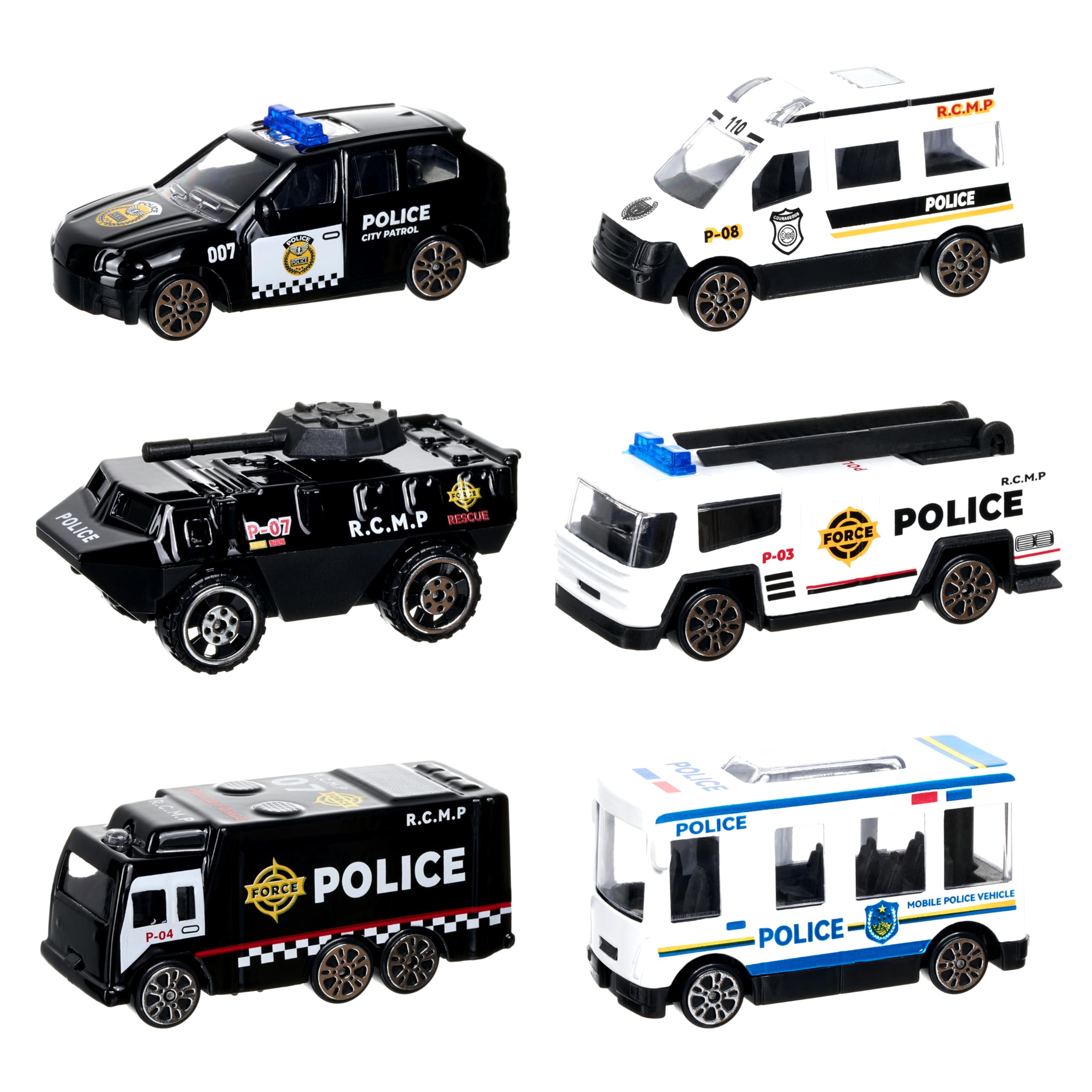 Shellvcase police truck toy set with six diecast cars for imaginative play.