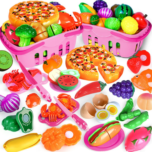 Shemira 100 pcs cutting play food set encourages creative pretend cooking.
