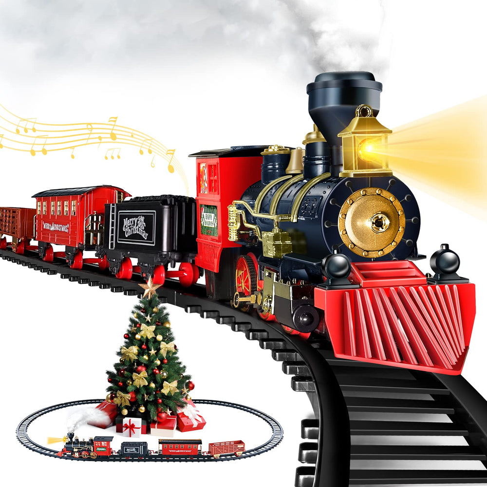 Shemira Christmas train engine with LED lights for festive realism.