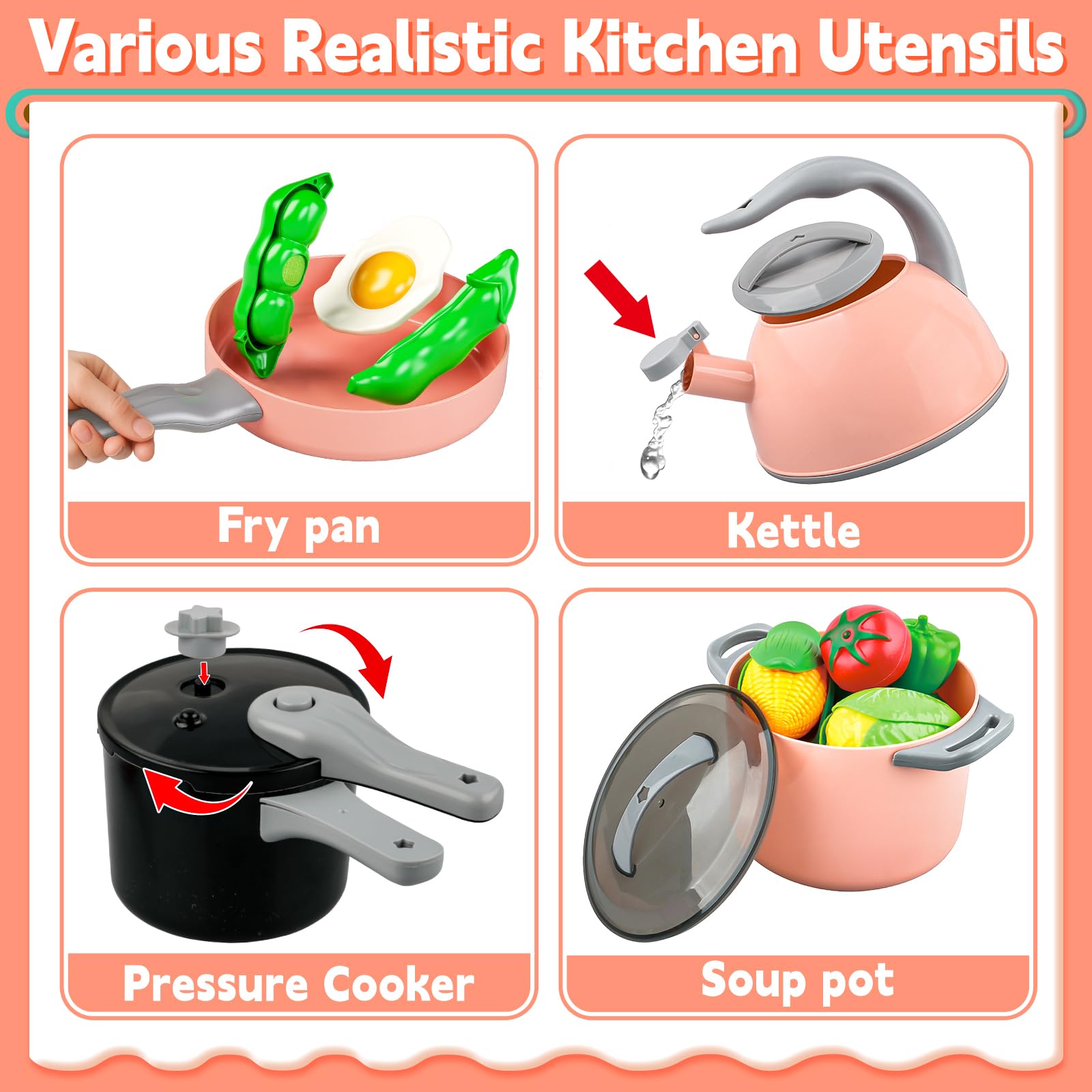 Shemira kettle with pour spout for lifelike kitchen play.