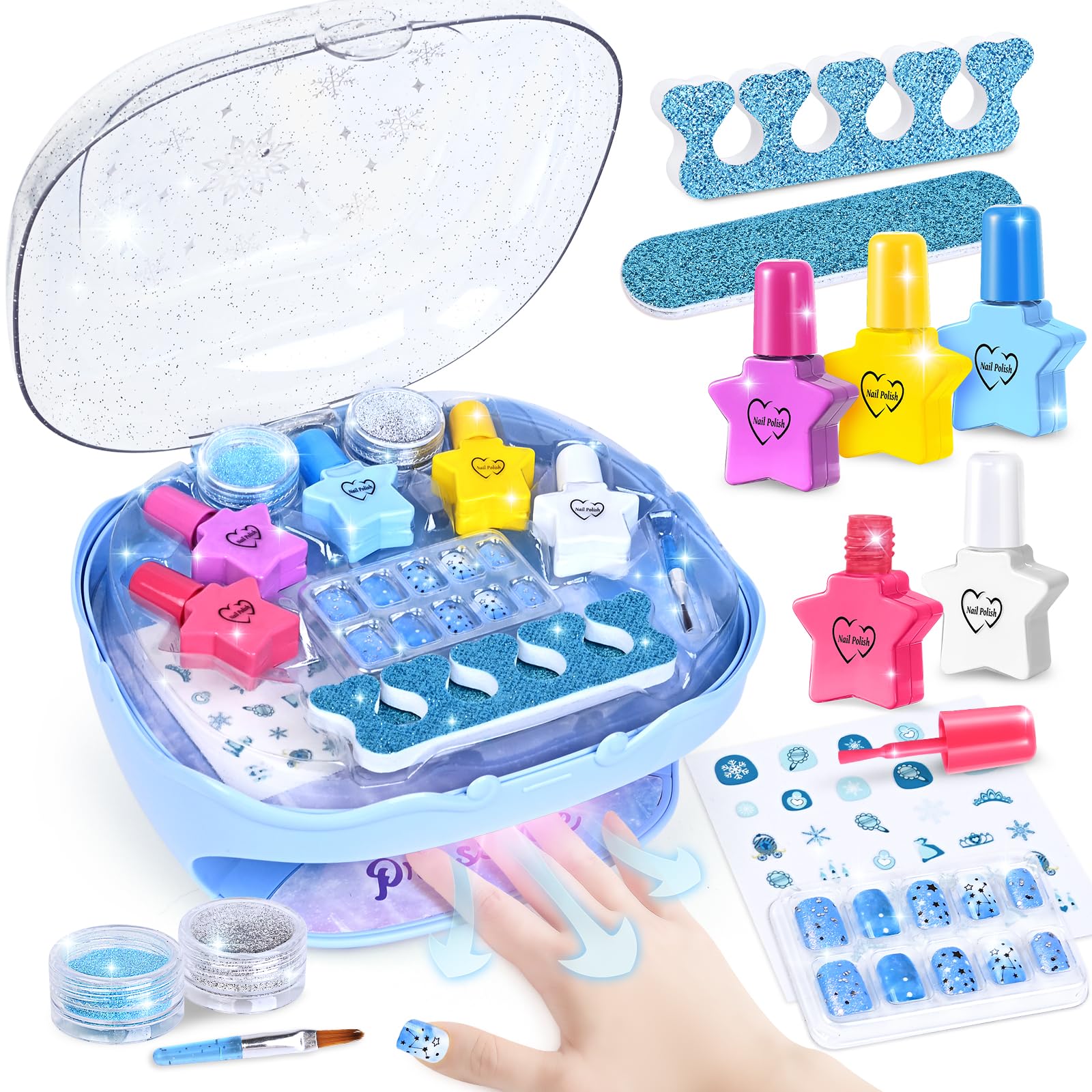 Shemira nail polish kit with blue dryer doubles as storage and quick-dry station.
