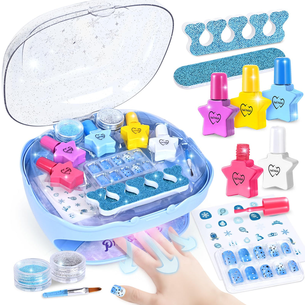 Shemira nail polish kit with blue dryer doubles as storage and quick-dry station.