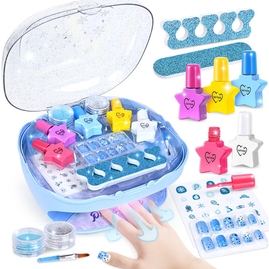 Shemira nail polish kit with blue dryer doubles as storage and quick-dry station.