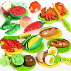 Shemira plates and serving pieces complete the pretend kitchen setup for kids.