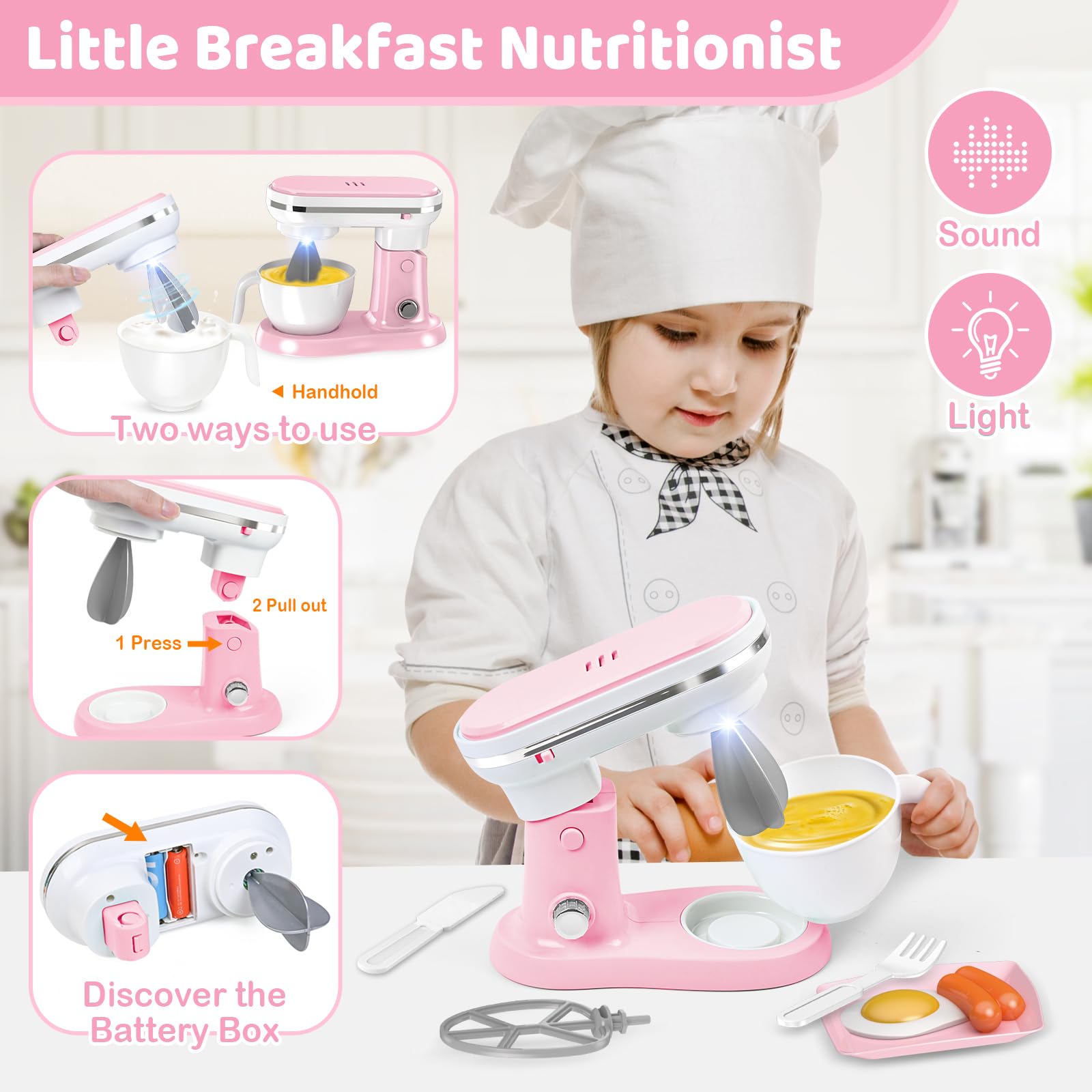 Shemira play kitchen mixer toy with rotating whips for mixing fun.