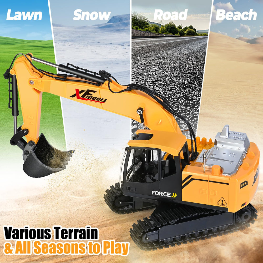 Shemira RC excavator’s alloy bucket and sturdy arm support tough digging tasks