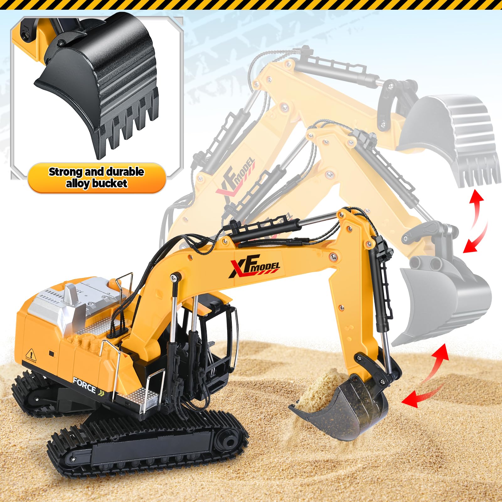 Shemira RC excavator digging action in sand demonstrates sturdy build