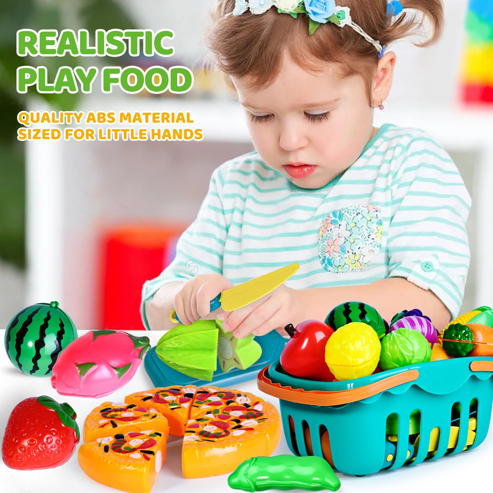 Shemira storage baskets keep pretend food organized and portable after play.