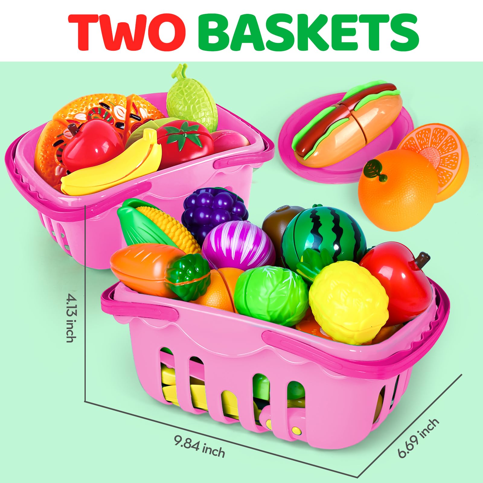 Shemira two storage baskets keep toy food neatly organized and portable.