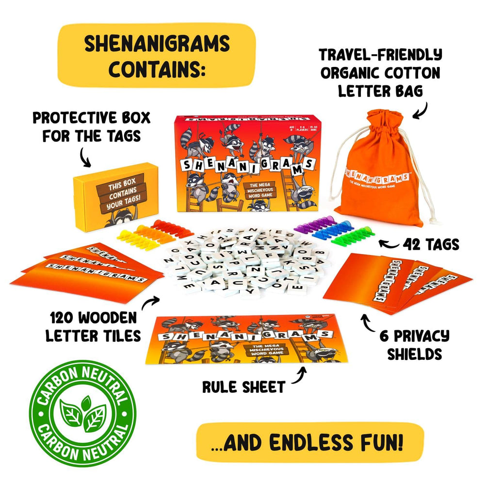 Shenanigrams family game night scene with smiles and quick rounds.