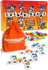 Shenanigrams mega-mischievous word game packaging showing family-friendly fun.