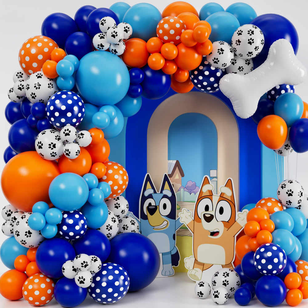 SHERYL DECOR All-In-1 arch kit with blue and orange balloons for a festive backdrop.
