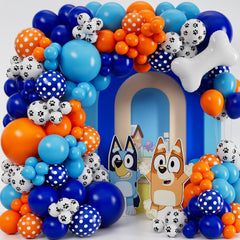 SHERYL DECOR All-In-1 arch kit with blue and orange balloons for a festive backdrop.